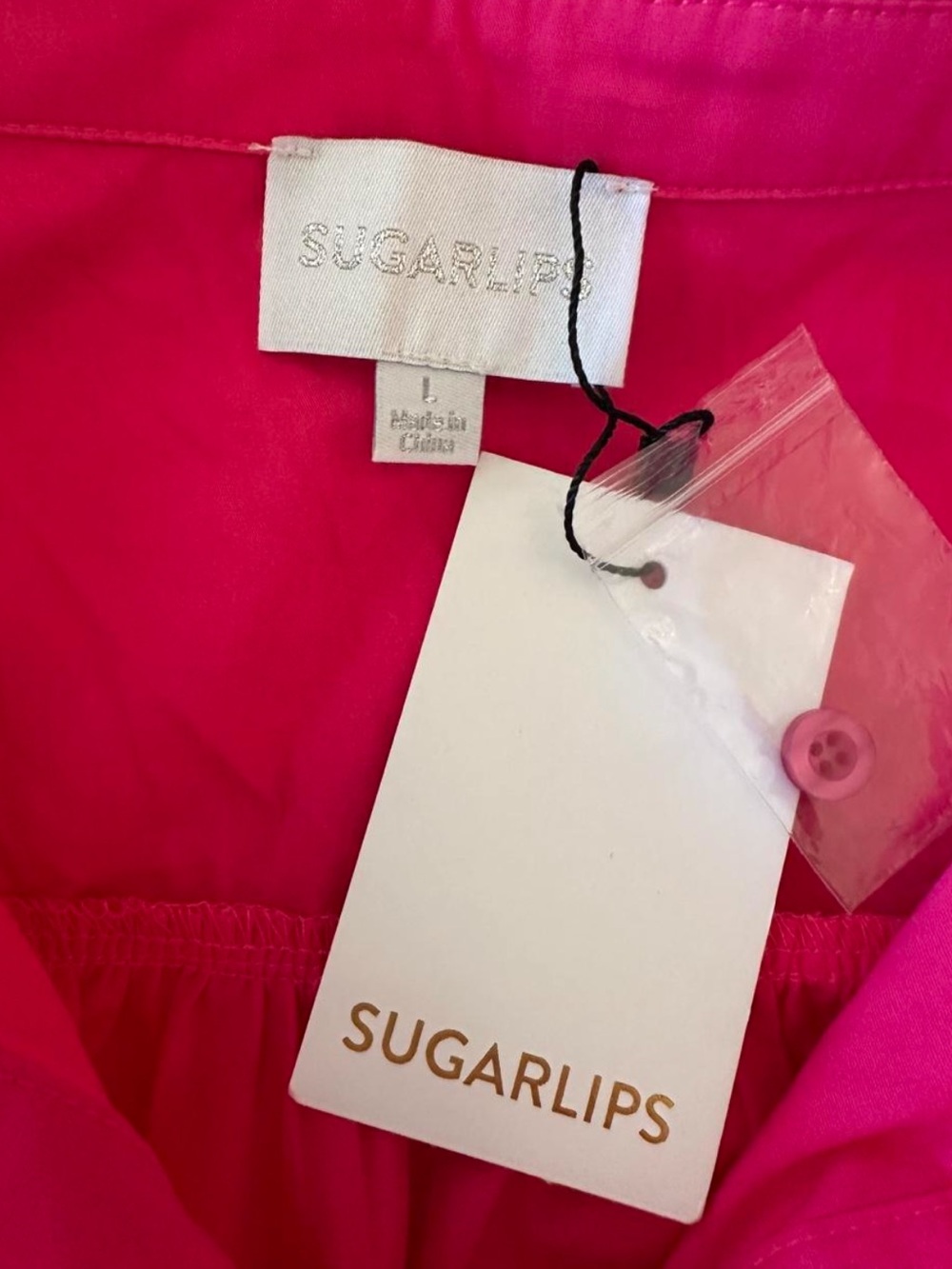 Sugarlips NWT Hot Pink Cotton Puff Sleeve Button Front Ruffle Mini Dress L - Picture 5 of 8